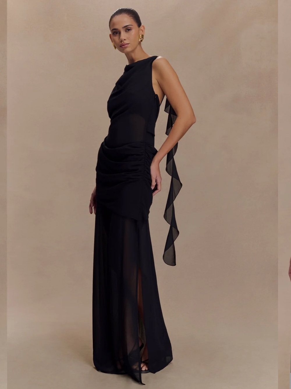 Meshki Black One-Shoulder Ruffled Draped Gown
